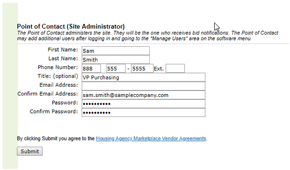 Housing Agency Marketplace registration point of contact form