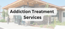 Exterior of a building with a covered entrance and seating area, with the text "Addiction Treatment Services" displayed