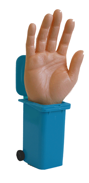 hand waving from recycling bin