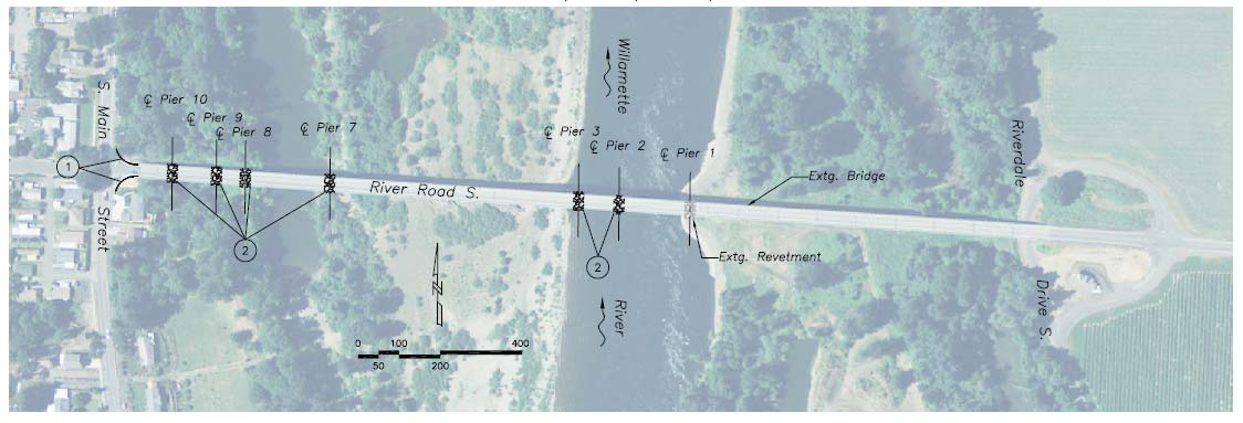 Photo showing the the pier locations on the independence bridge over the Willamette River