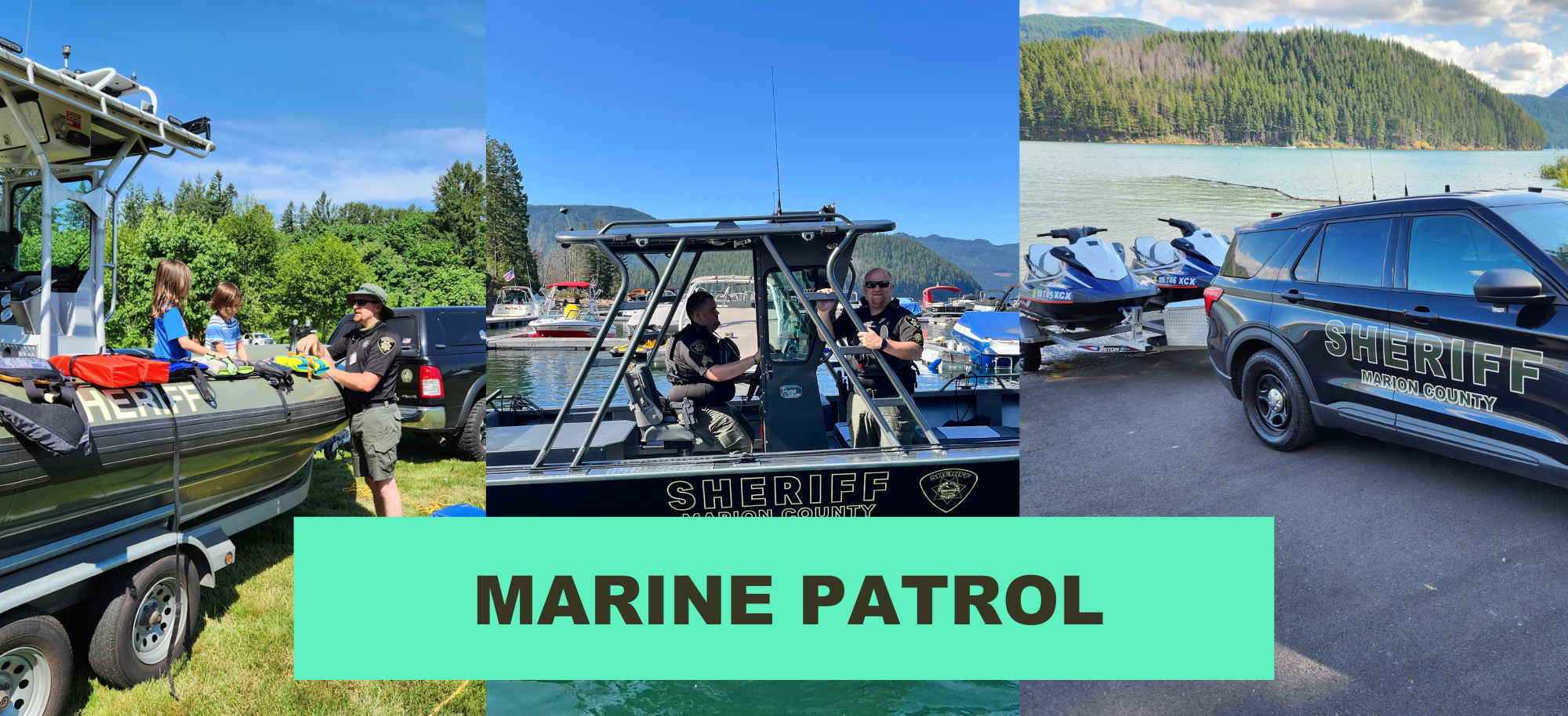 images of marine patrol including deputies on boats, boats, mcso car by lake, and deputy talking to civilians.